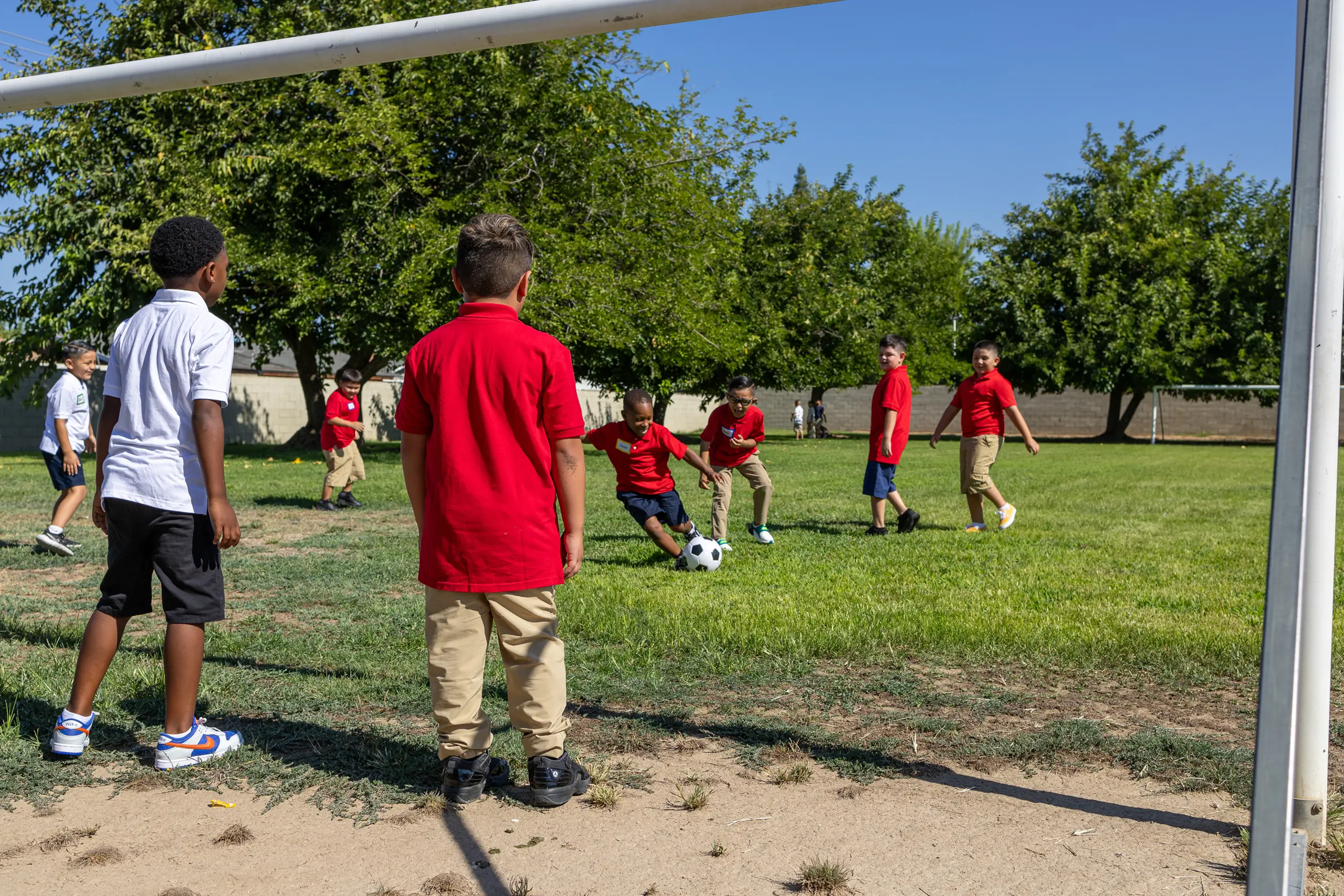 Children wearing red and white shirts play soccer on a grassy field under a clear blue sky, with trees in the background and one child in front of a goalpost.